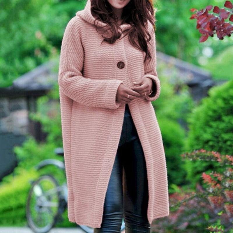Damen-Strickjacke Mia: Langer, modischer Cardigan mit Kapuze