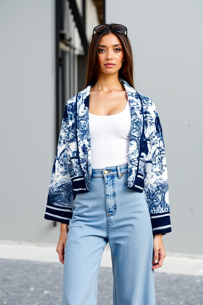ModeGeist | Geblümte Steppjacke mit Blauem Print Stilvoll und Gemütlich