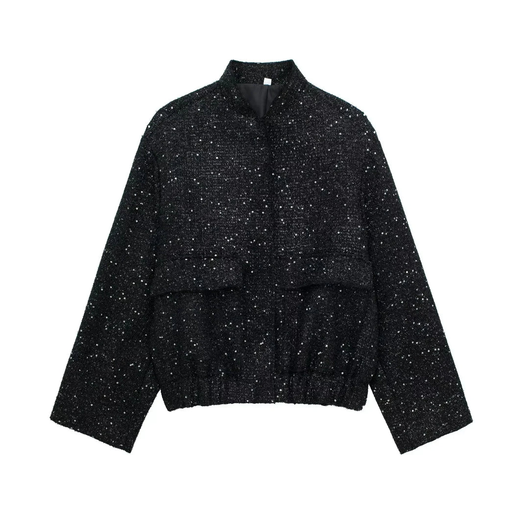 ModeGeist | Pailletten Statement Jacke Offene Front Glitzer Blazer