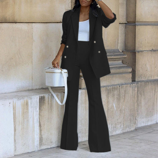 MODEGEIST Elegant Blue Button Jacket and Wide-Leg Trousers Two-Piece Set