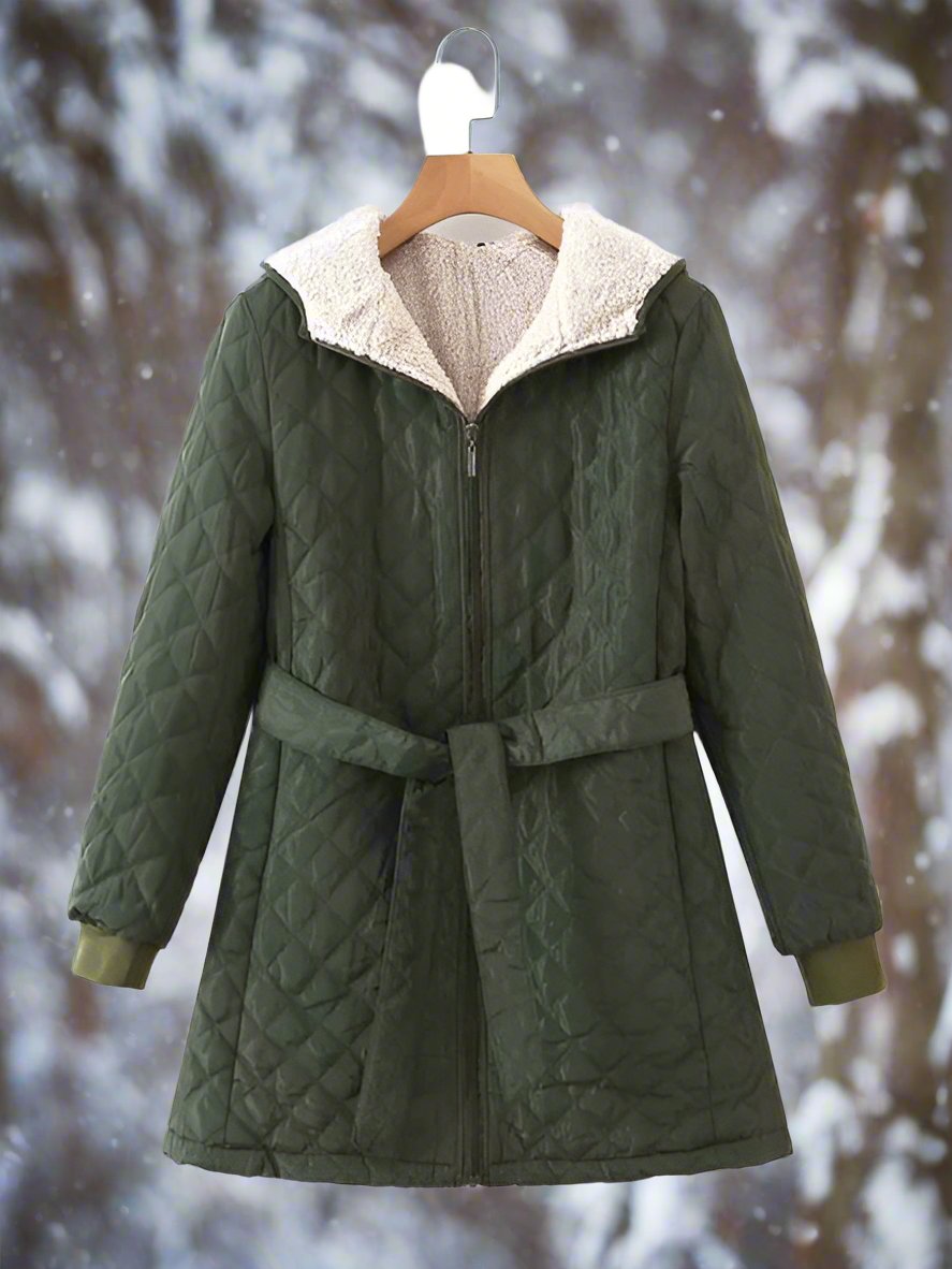 ModeGeist | Parka - Lange Steppjacke mit Kapuze - Gepolstert und Gefüttert - Bindegürtel für Perfekten Sitz