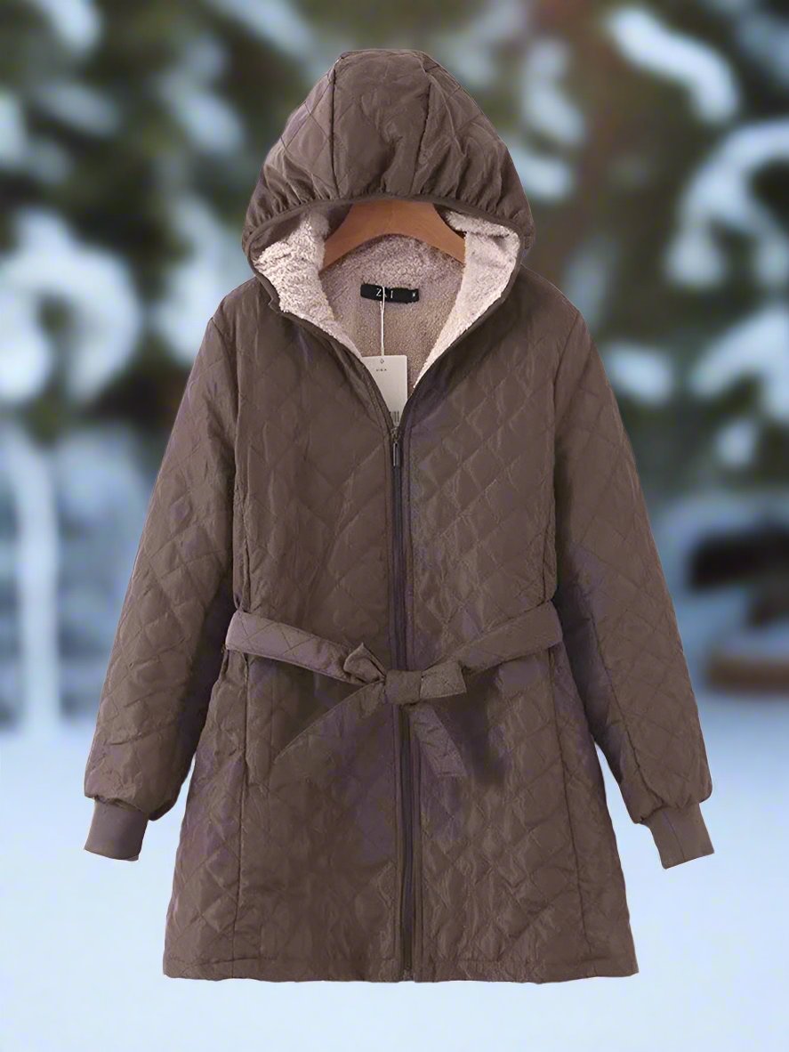 ModeGeist | Parka - Lange Steppjacke mit Kapuze - Gepolstert und Gefüttert - Bindegürtel für Perfekten Sitz