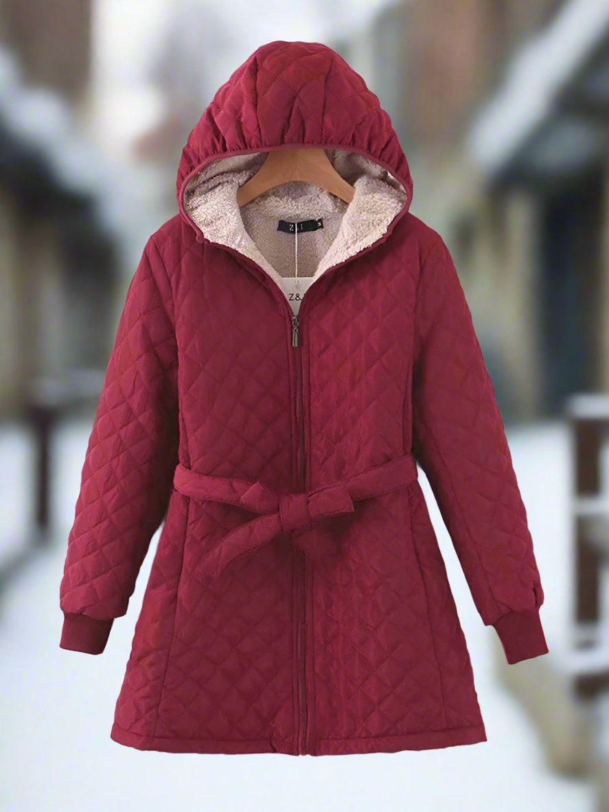 ModeGeist | Parka - Lange Steppjacke mit Kapuze - Gepolstert und Gefüttert - Bindegürtel für Perfekten Sitz