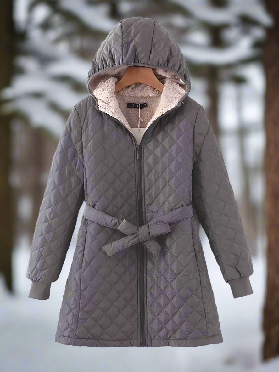 ModeGeist | Parka - Lange Steppjacke mit Kapuze - Gepolstert und Gefüttert - Bindegürtel für Perfekten Sitz