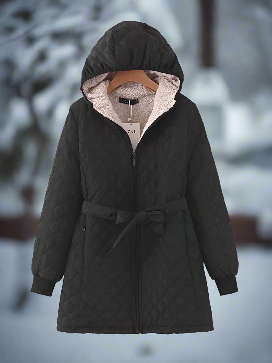 ModeGeist | Parka - Lange Steppjacke mit Kapuze - Gepolstert und Gefüttert - Bindegürtel für Perfekten Sitz