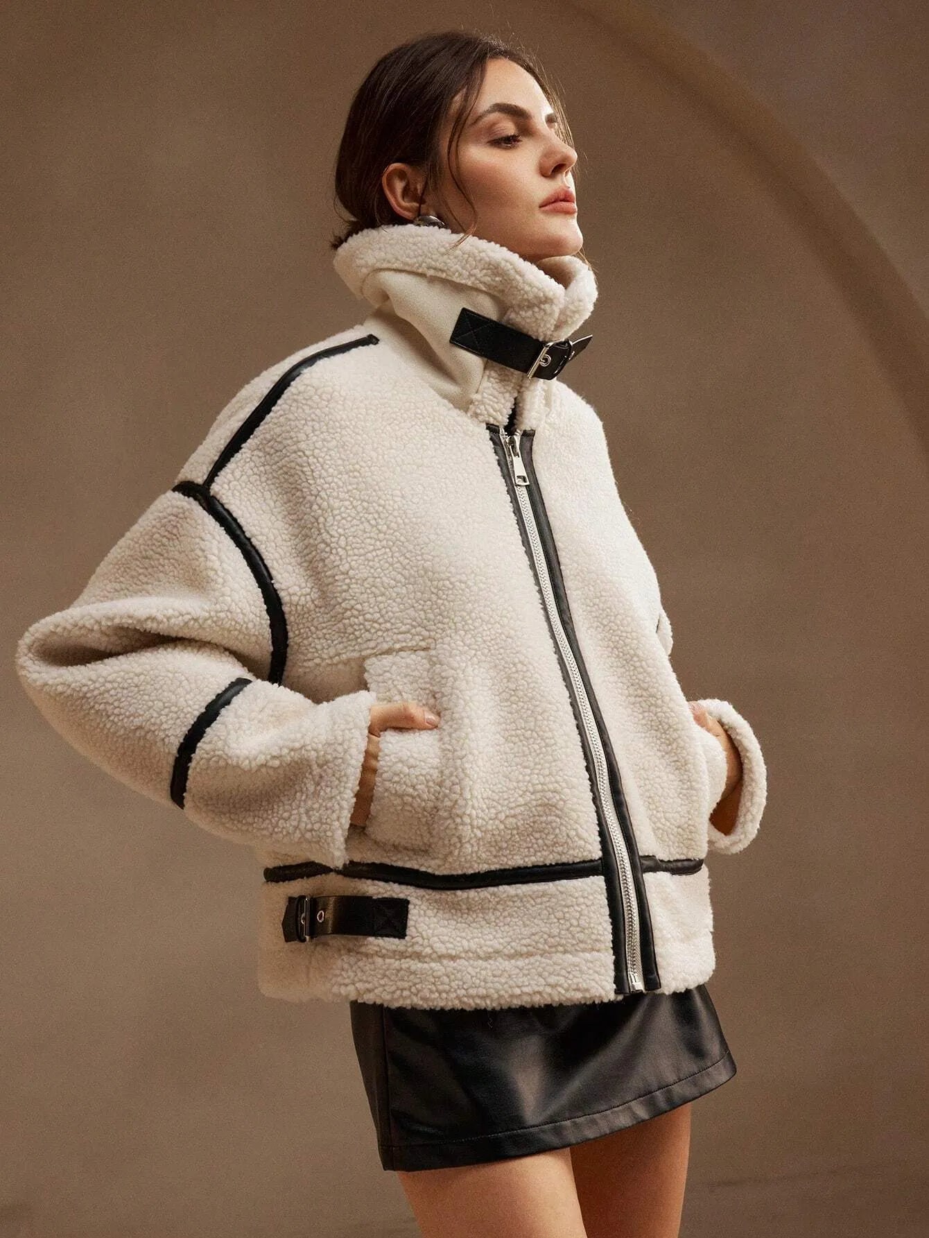 ModeGeist | Kunstfell Aviator Jacke Winter Teddy Reißverschluss