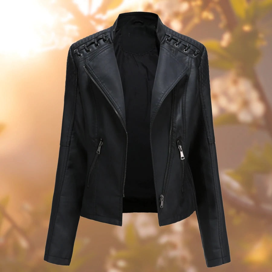 ModeGeist | Lederjacke - Asymmetrischer Reißverschluss - Taillierte Passform - Stehkragen - Elegantes Design