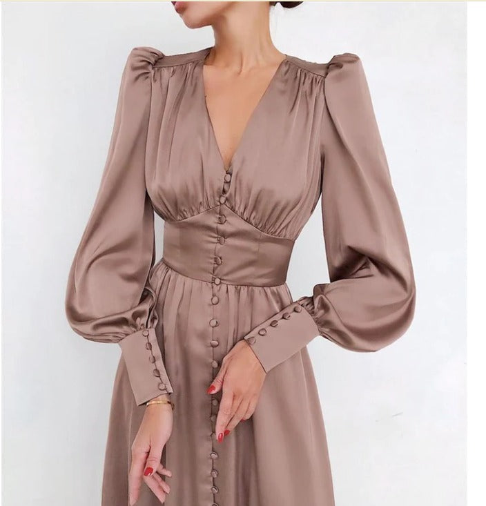 Damen-Partykleid mit V-Ausschnitt und Puffärmeln in elegantem Design