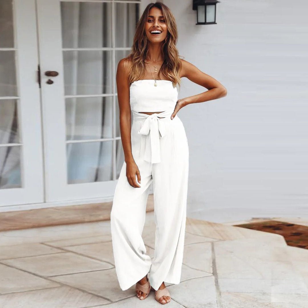 MODEGEIST Damen Jumpsuit Trägerlos Weite Beine Taillengürtel Beige