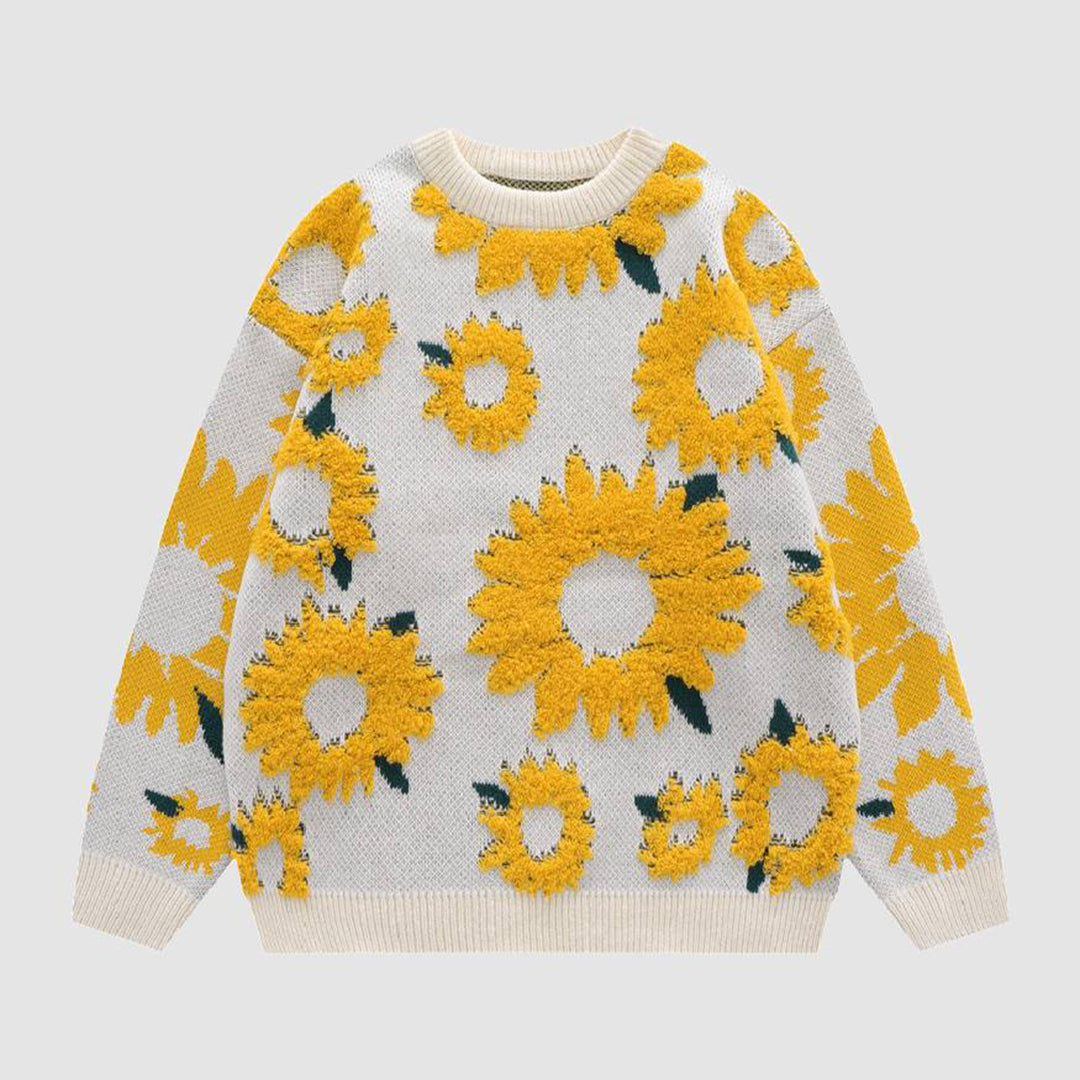 ModeGeist | Pullover Sonnenblumenprint Acryl Gemustert, Bequem