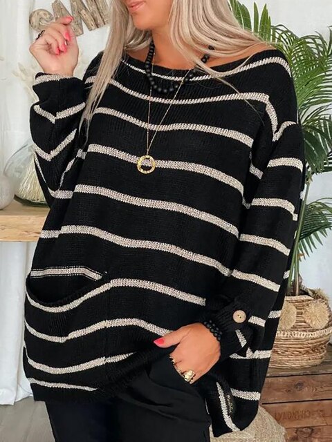 Gestrickter Damenpullover mit Lochmuster und Streifen