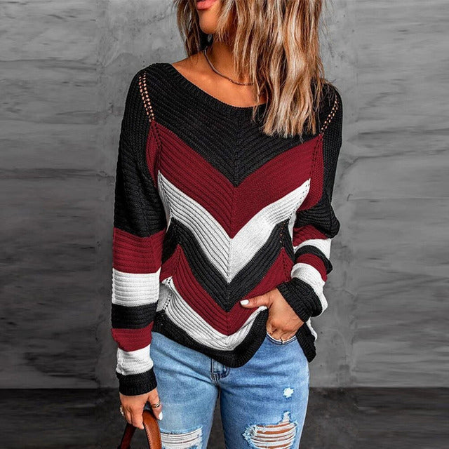 ModeGeist | Pullover - Damen Herbstgestreifter Patchwork Strickpullover
