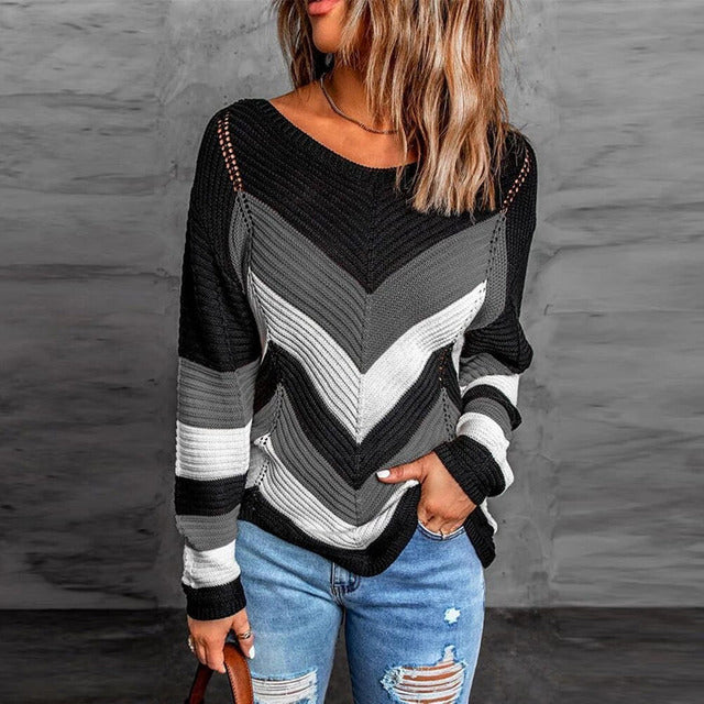 ModeGeist | Pullover - Damen Herbstgestreifter Patchwork Strickpullover