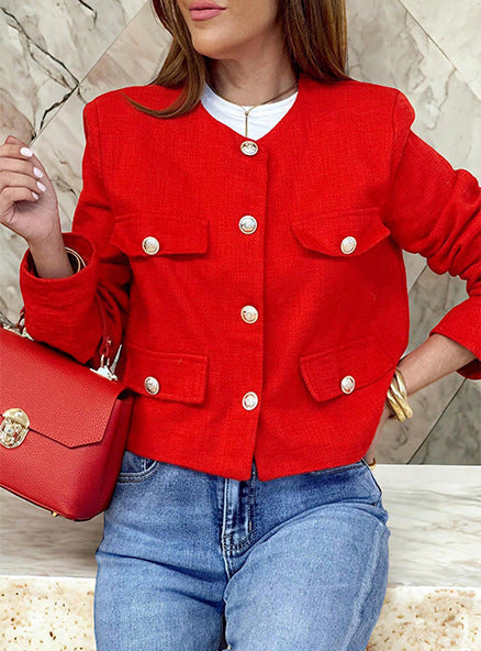 ModeGeist | Kurzgeschnittene Wolljacke Blazer mit Knopf und Taschen Detail