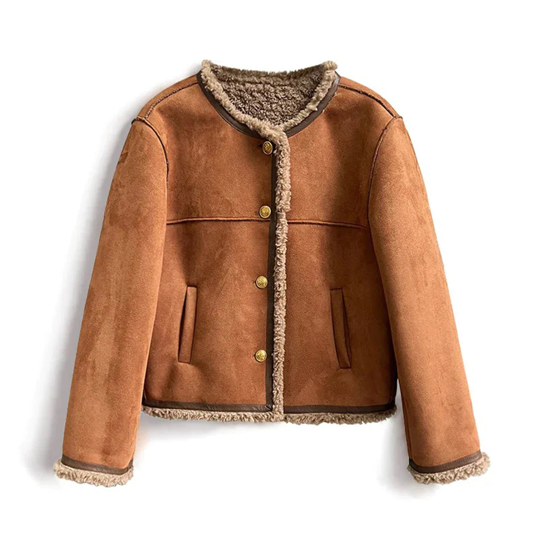 ModeGeist | Kunstschafsfell Gefütterte Wildlederjacke Kurze Gemütliche Geknöpfte Oberbekleidung