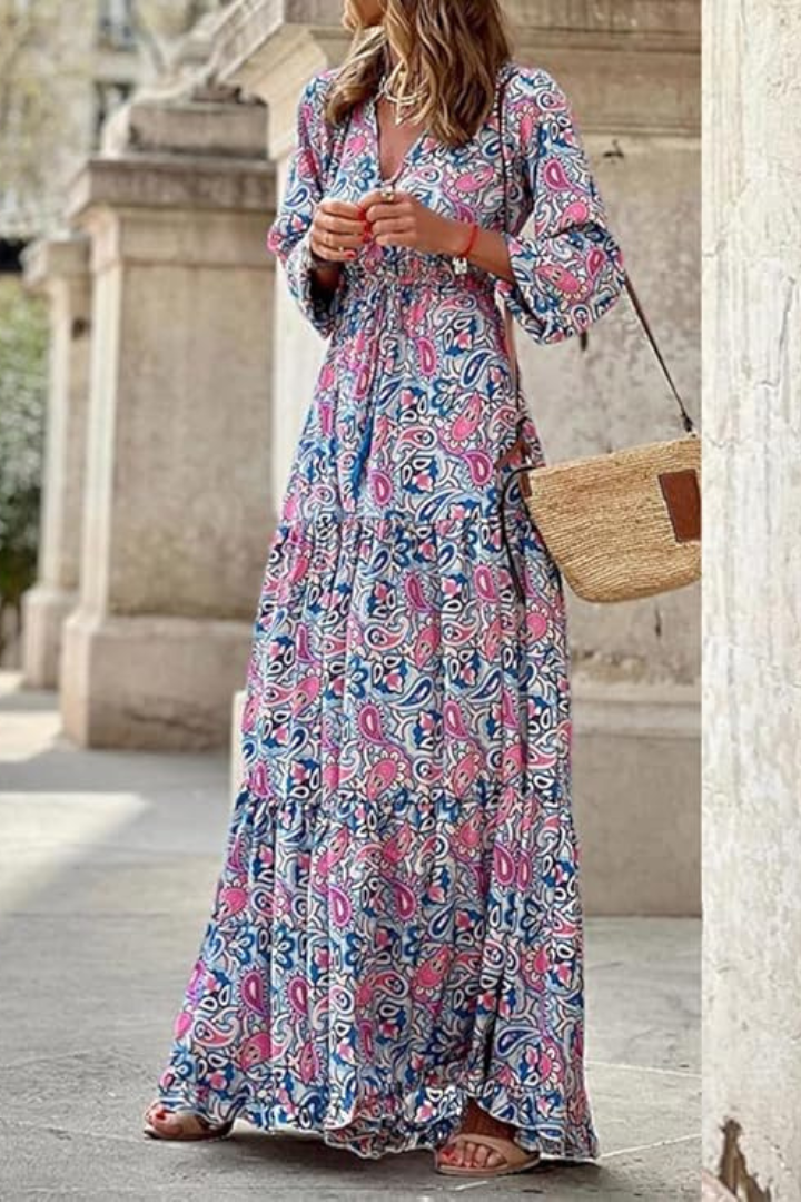 MODEGEIST Damen Maxi-Kleid V-Ausschnitt Blumenmuster Langarm