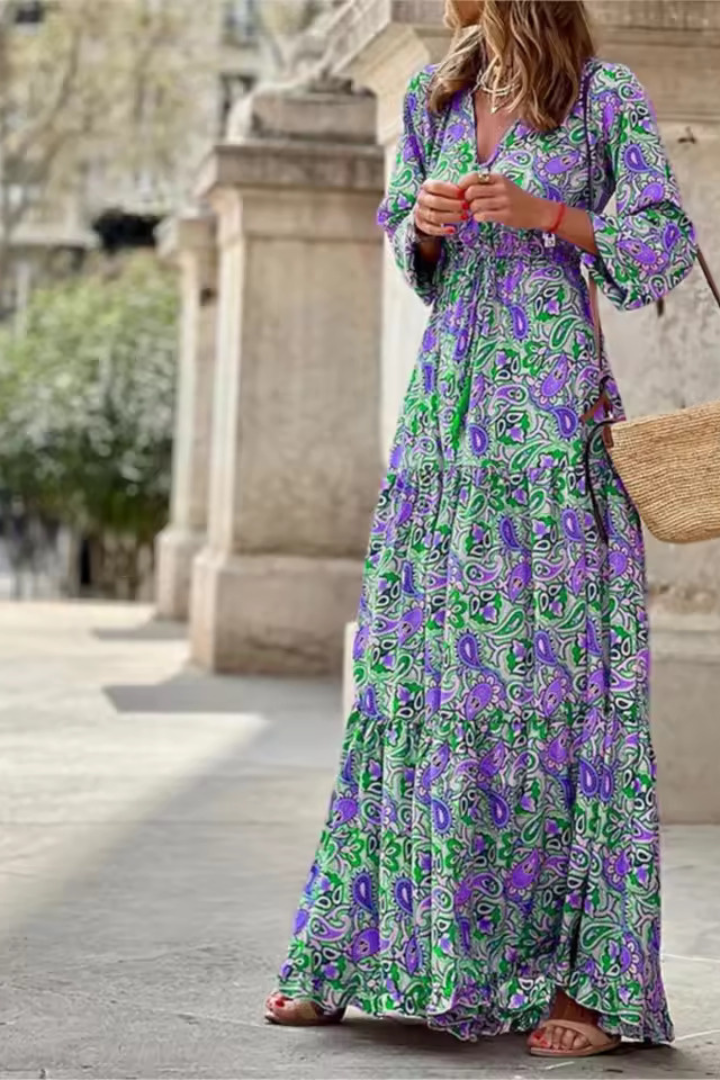 MODEGEIST Damen Maxi-Kleid V-Ausschnitt Blumenmuster Langarm