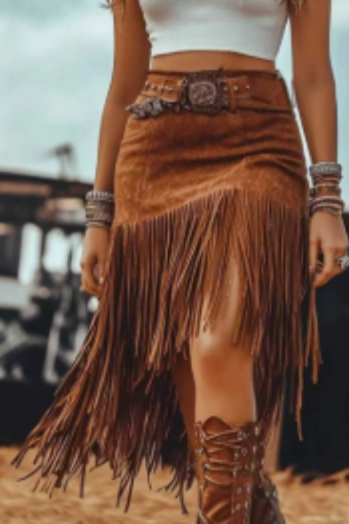 MODEGEIST Damen Maxi-Rock mit Fransen-Details und Taillenbindung Boho-Style