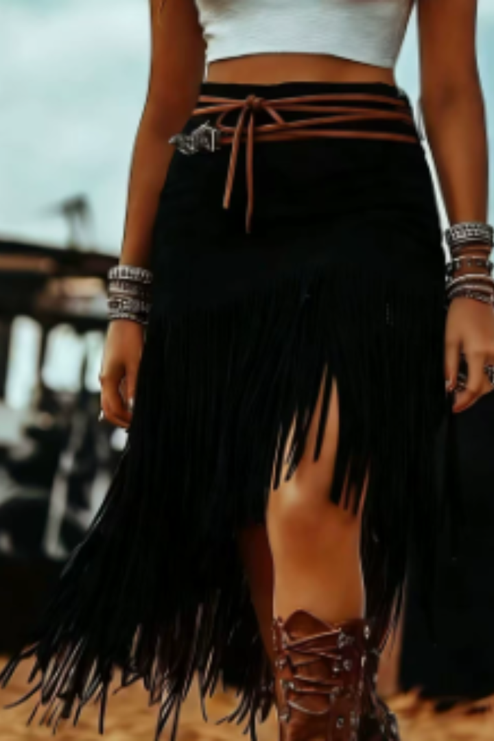 MODEGEIST Damen Maxi-Rock mit Fransen-Details und Taillenbindung Boho-Style
