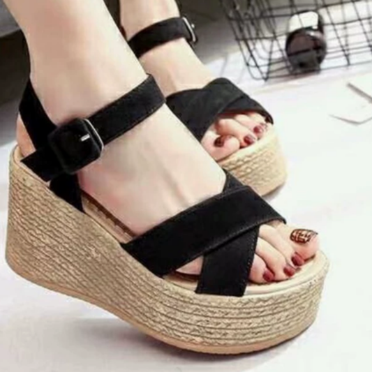 MODEGEIST Damen Keilabsatz Sandalen Beige Kunstleder