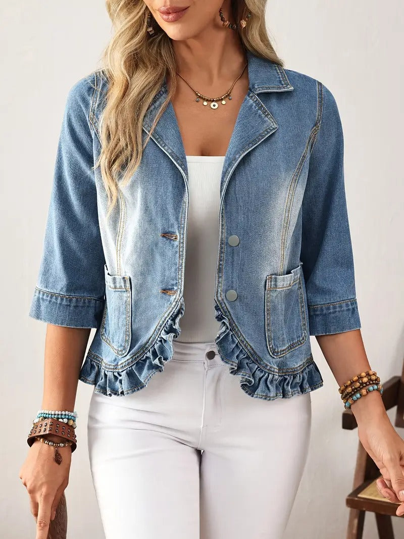 ModeGeist | Rüschen Denim Blazer Jacke Hellwasch Jeans Oberbekleidung