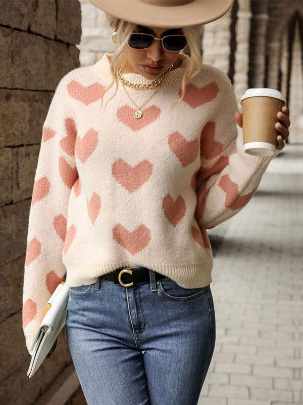 ModeGeist | Pullover - Damen Herbst Freizeit Herzdruck Strickpullover
