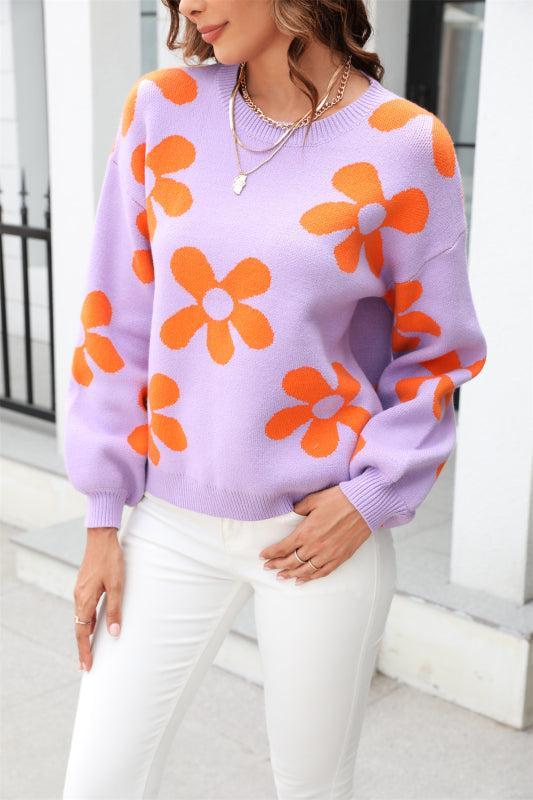 ModeGeist | Pullover - Damen Herbst Floral Druck Lockere Passform Rundhals Pullover