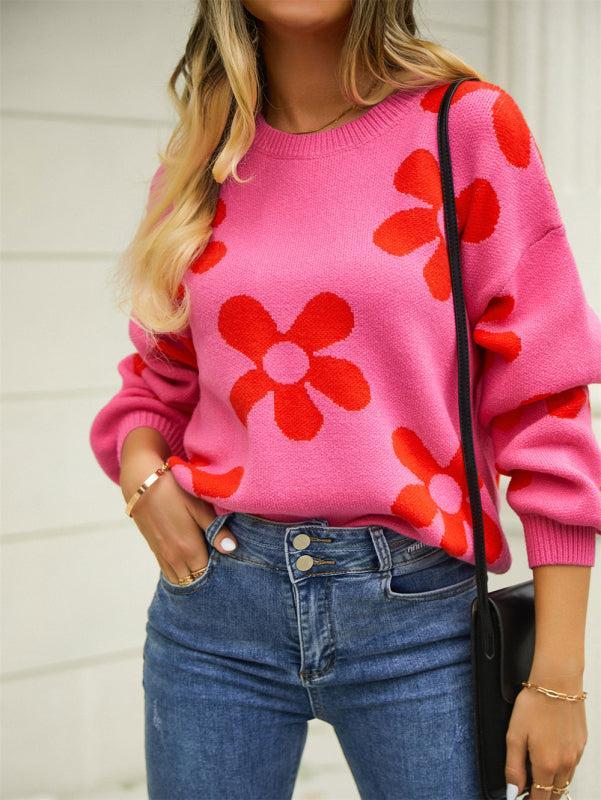 ModeGeist | Pullover - Damen Herbst Floral Druck Lockere Passform Rundhals Pullover