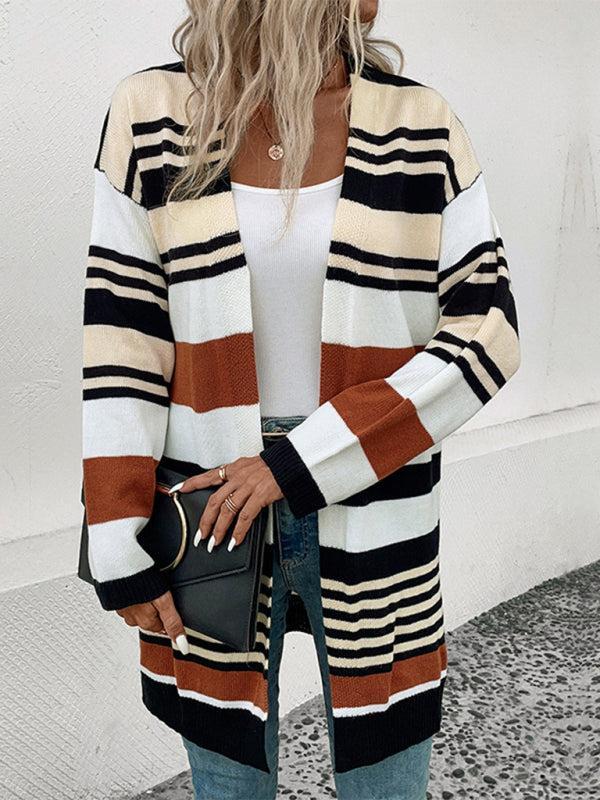 ModeGeist | Cardigan - Damen Herbst Streifen Farbkasten Mittellanger Cardigan