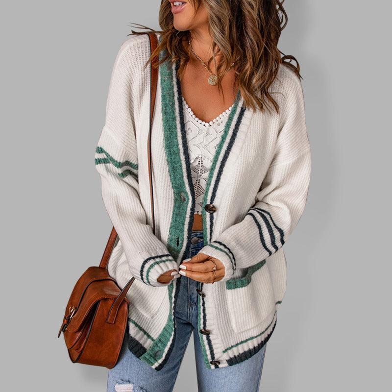 ModeGeist | Cardigan - Damen Herbst Streifenrand Kabelstrick V-Ausschnitt Cardigan mit Taschen
