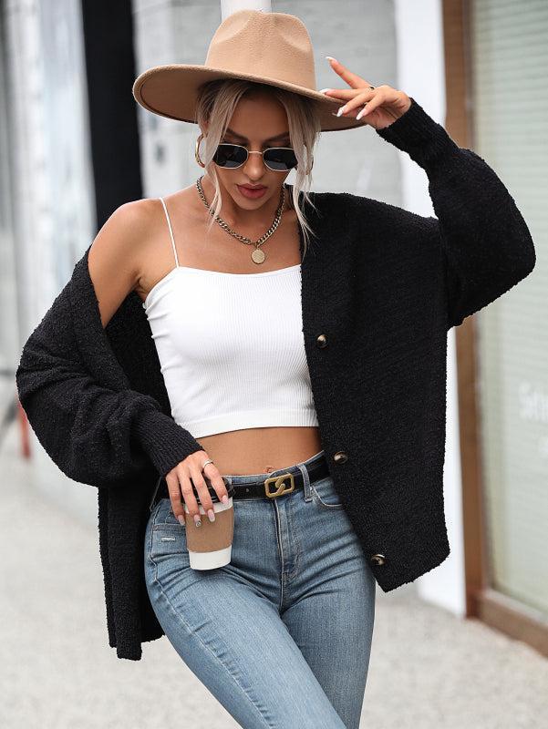 ModeGeist | Cardigan - Damen Herbst V-Ausschnitt Knopf Front Strick Cardigan