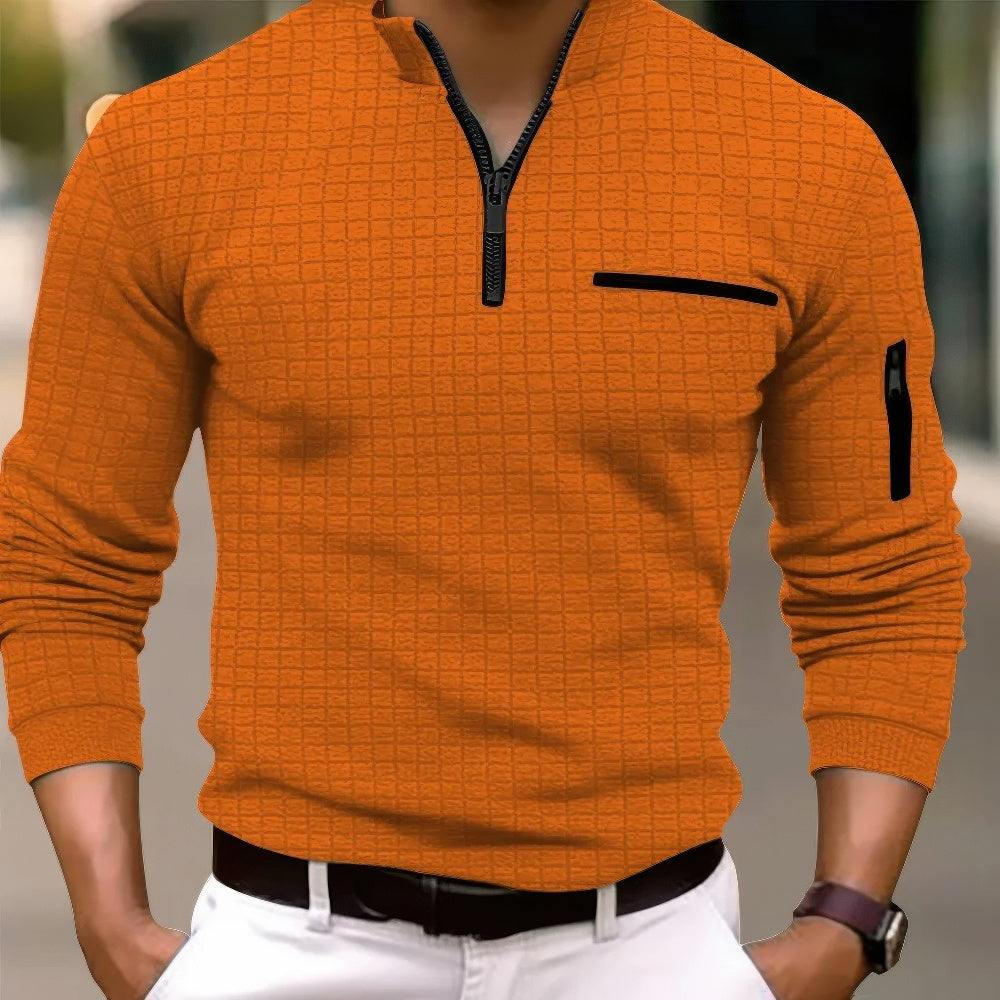 Baumwoll-Poloshirt für Herren mit Reißverschluss, Langarm und Casual-Look