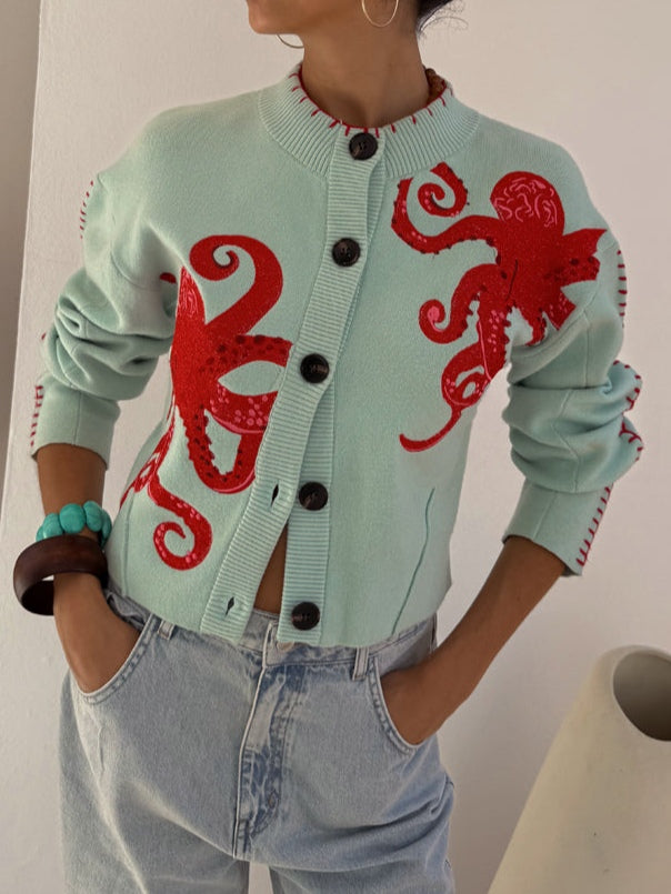 MODEGEIST Damen Oversize-Cardigan Kraken-Motiv Mintgrün