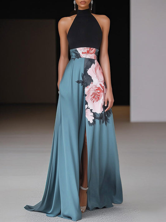 MODEGEIST Damen Maxi-Kleid Blumenmuster A-Linie Ärmellos