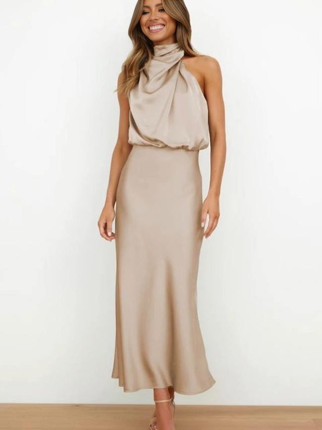 MODEGEIST Damen Abendkleid Neckholder A-Linie Satin elegant Festlich