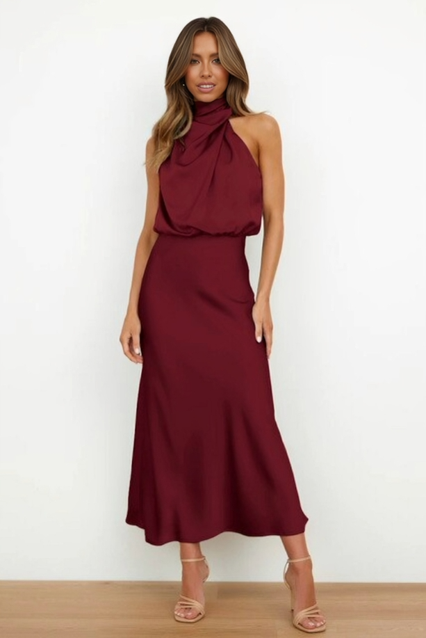 MODEGEIST Damen Abendkleid Neckholder-Design bodenlang Satin