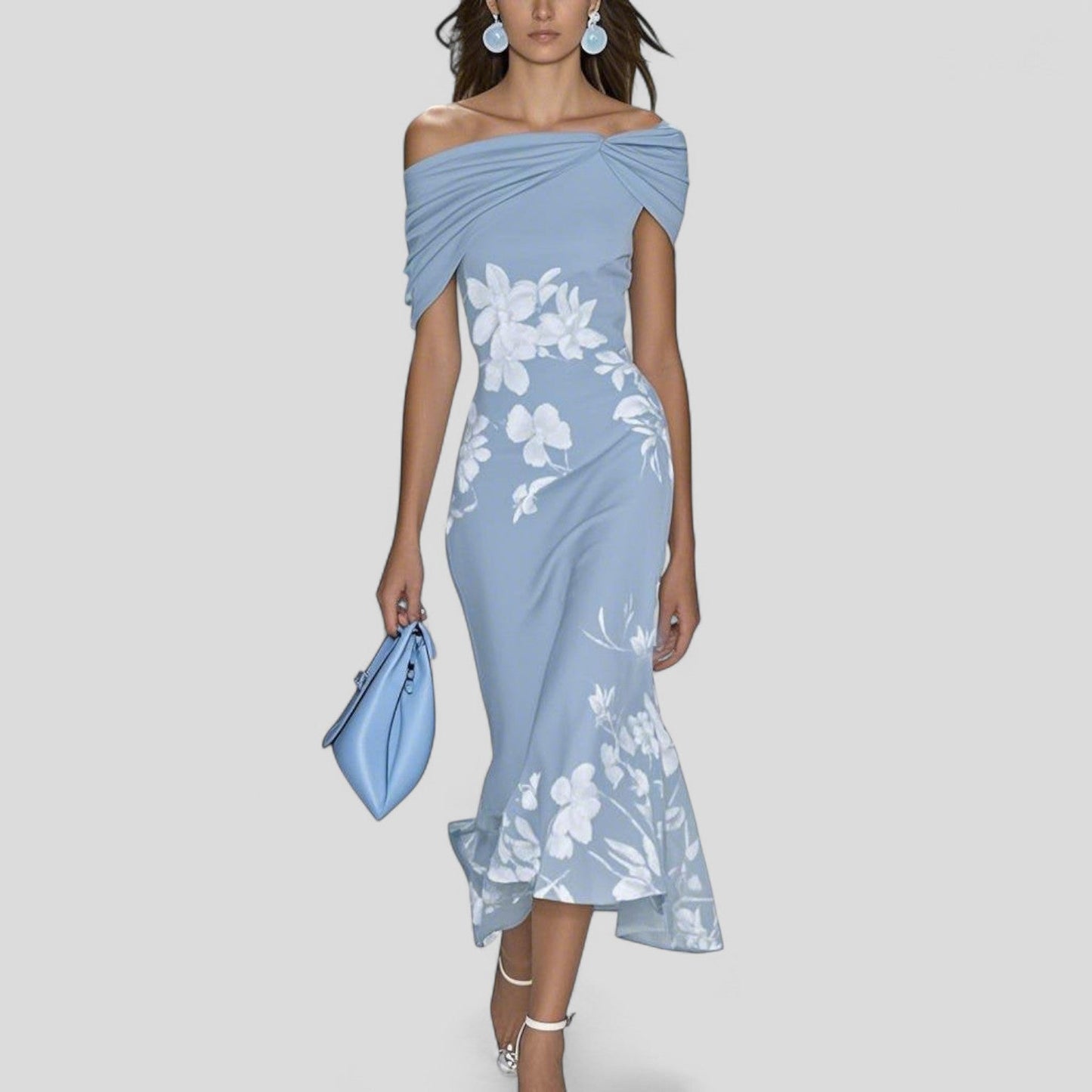 MODEGEIST Damen Off-Shoulder Midi-Kleid Blumenmuster Rüschensaum