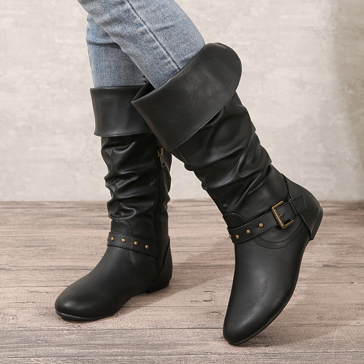 MODEGEIST Damen Kniehöhe Stiefel Reißverschluss Robuste Sohle Schwarz Elegant