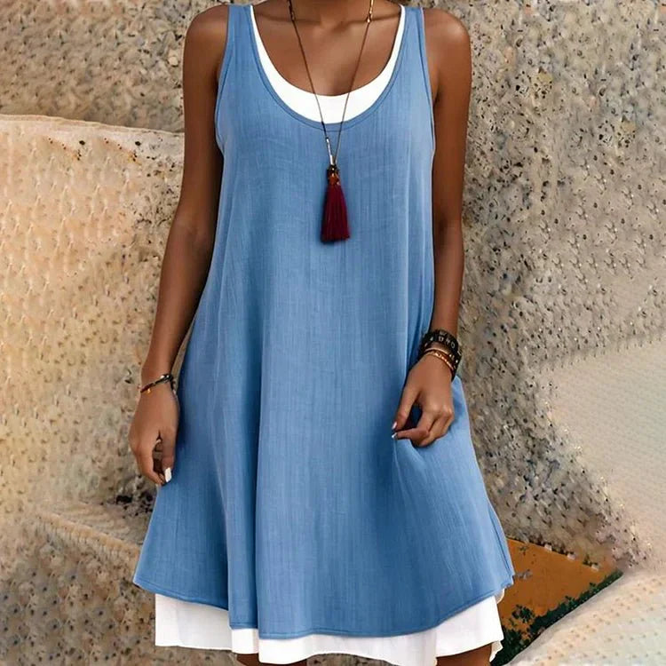MODEGEIST Damen Lagen-Mini-Kleid Ärmellos Rundhals Zweifarbig Schwarz-Weiß