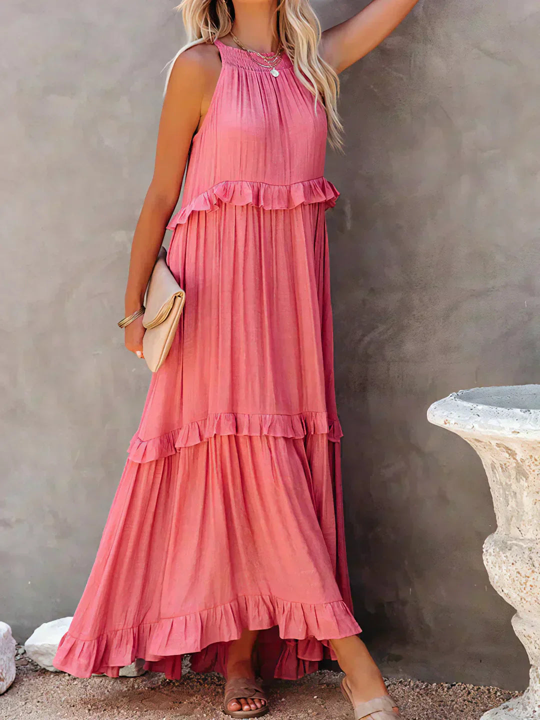 MODEGEIST Damen Ärmelloses Kleid Rüschen Fließend Sommerkleid Romantisch