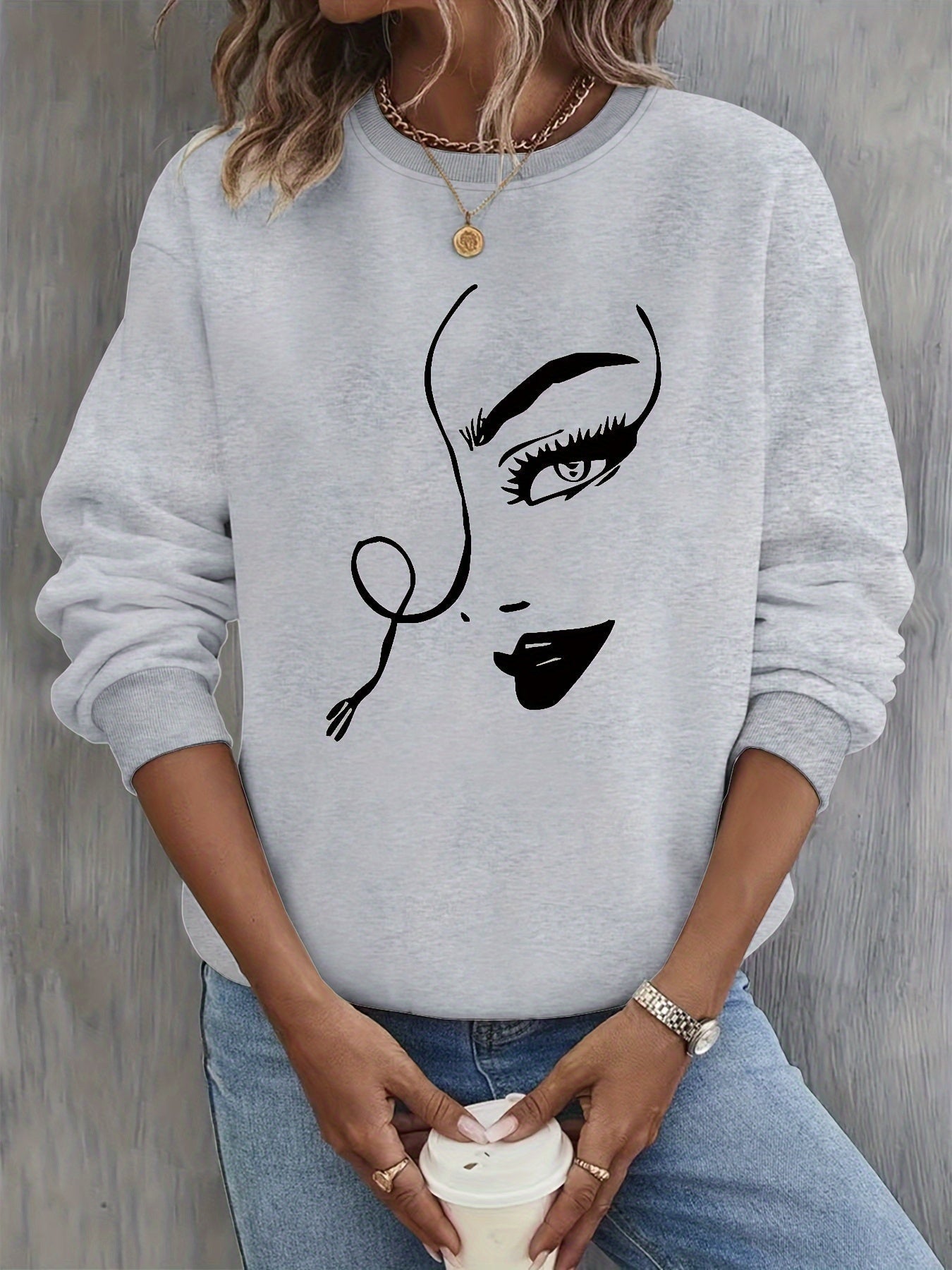 ModeGeist | Sweatshirt mit Künstlerischem Gesicht Baumwolle Trendy und Bequem