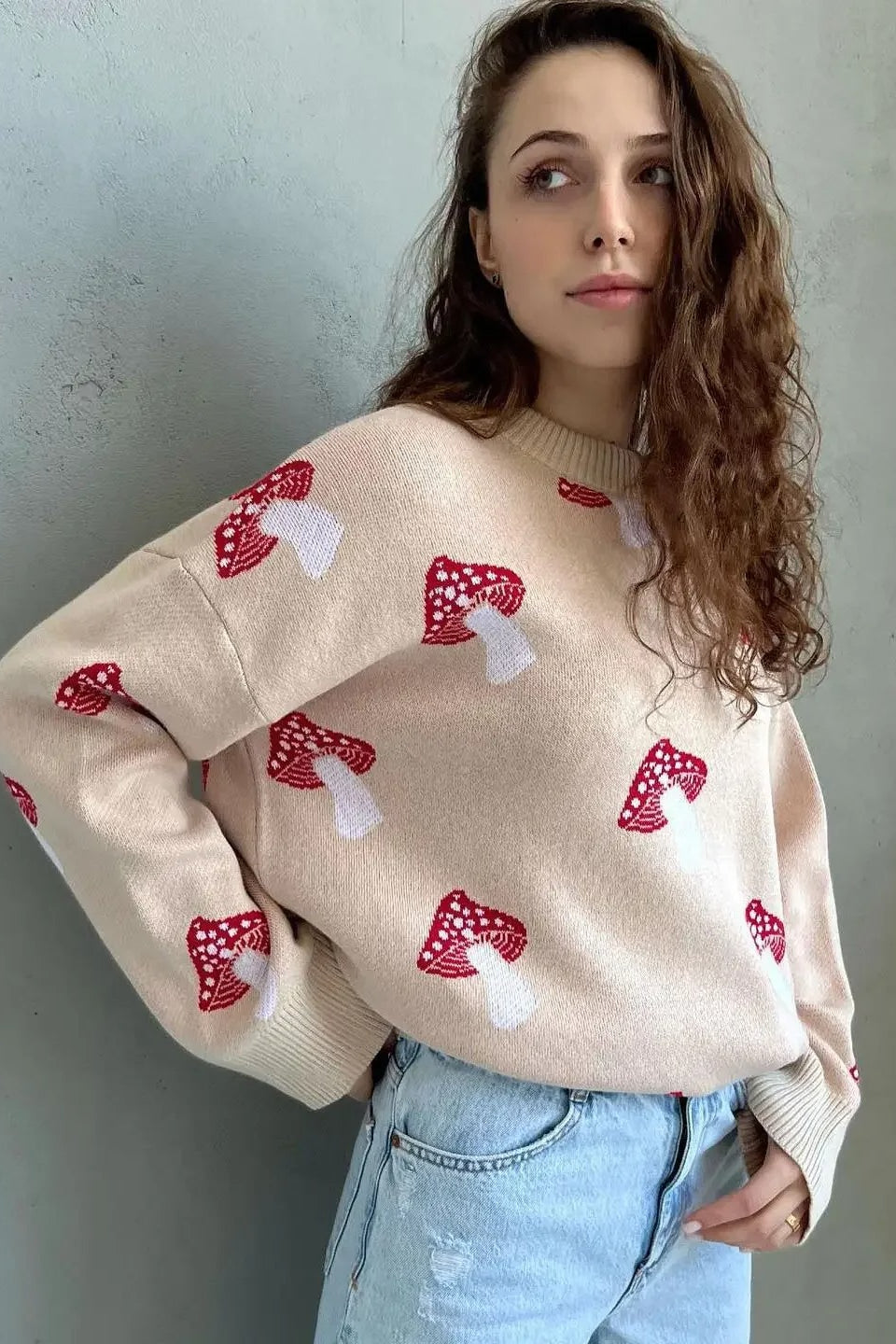ModeGeist | Jacquard-Strickpullover mit Pilzmotiv