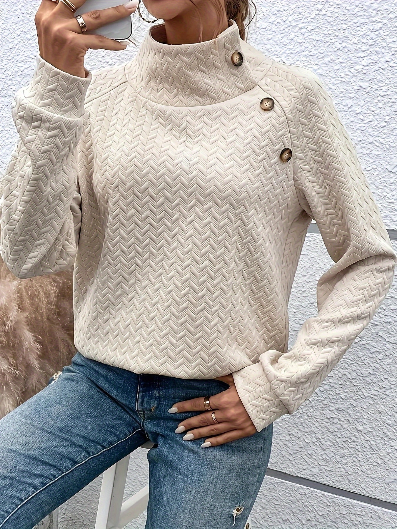 ModeGeist | Leichtgewicht Pullover mit Hohem Kragen und Knöpfen Polyester Elegant und Komfortabel