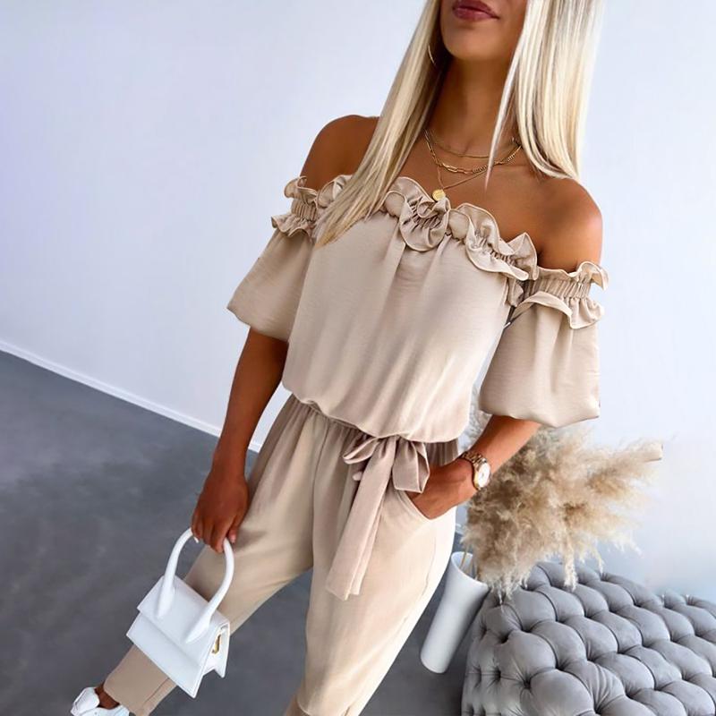 MODEGEIST Damen Off-Shoulder Jumpsuit Rüschen Taillengürtel
