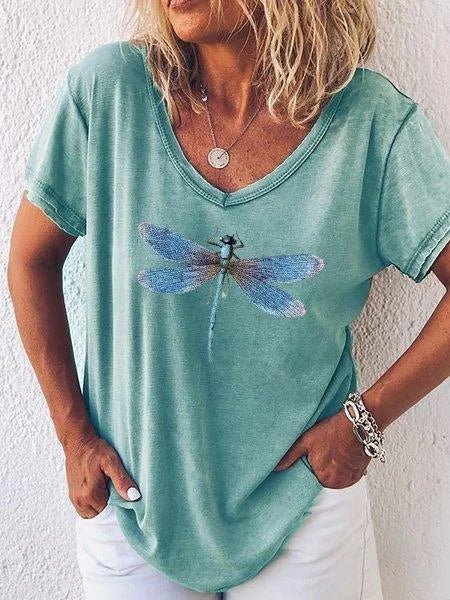 MODEGEIST Damen V-Ausschnitt T-Shirt Libellen-Print Rosa Casual