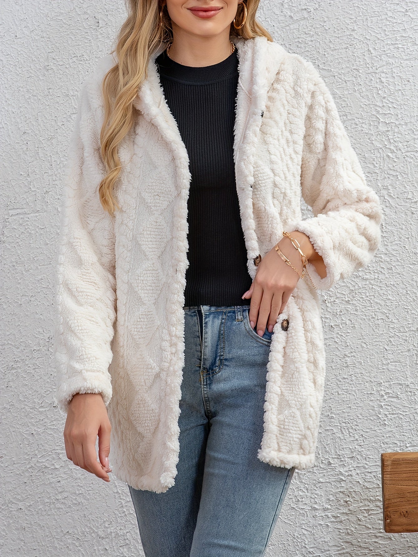 ModeGeist | Fluffy Kapuzenjacke mit Knöpfen Polyester Weich und Warm