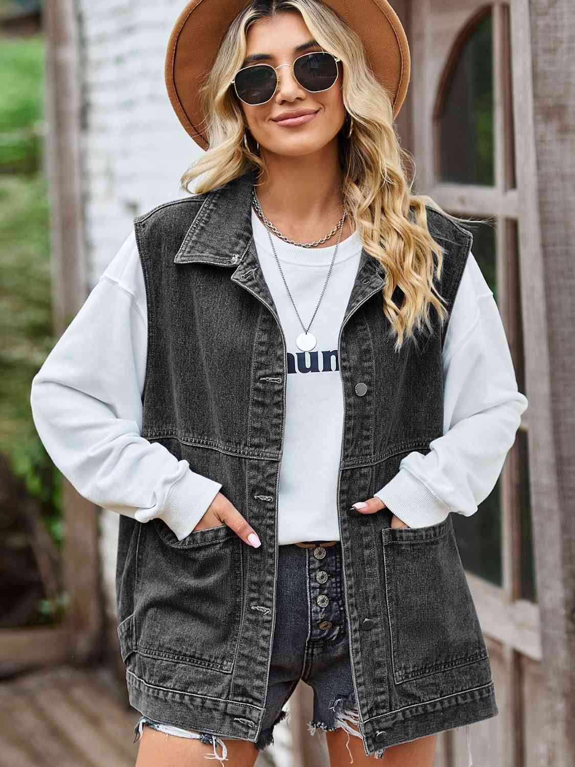 ModeGeist | Knopf-Front Ärmellose Jeansjacke