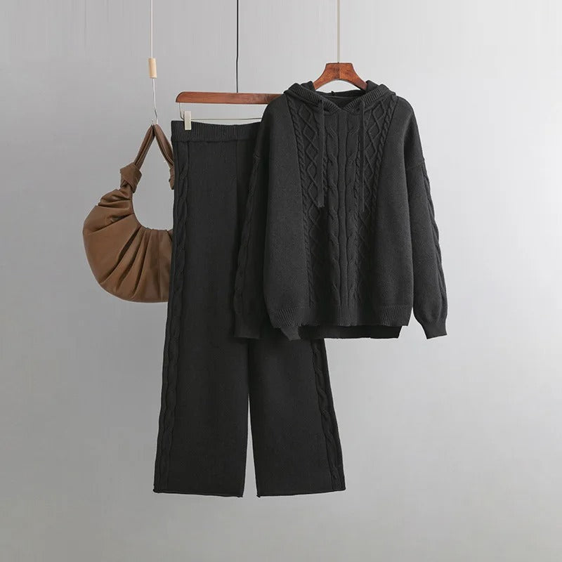 Fudus Langarm-Strickpullover mit weiten Hosen – Zweiteiliger Satz