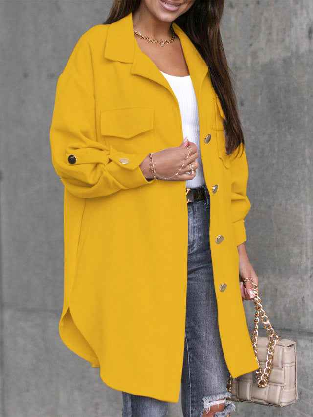 ModeGeist | Lange Hemdjacke mit Knöpfen, Wollkragen und Revers