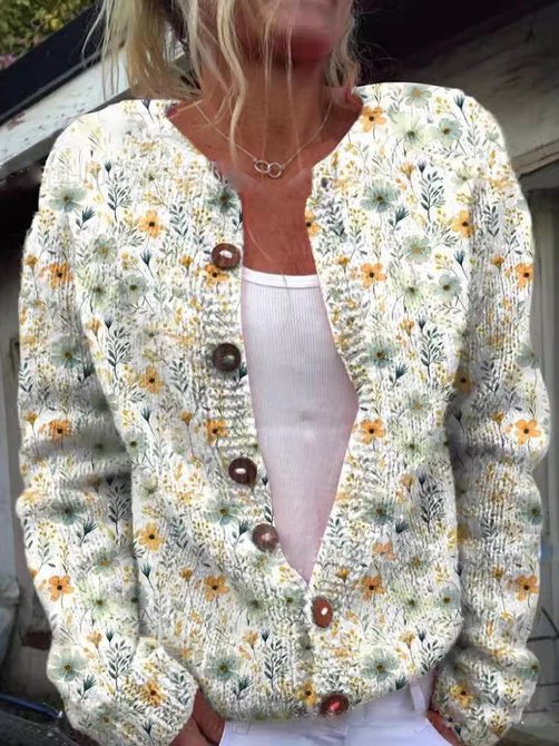 ModeGeist | Knopflose Strickjacke mit Blumenmuster Strick Elegant und Komfortabel
